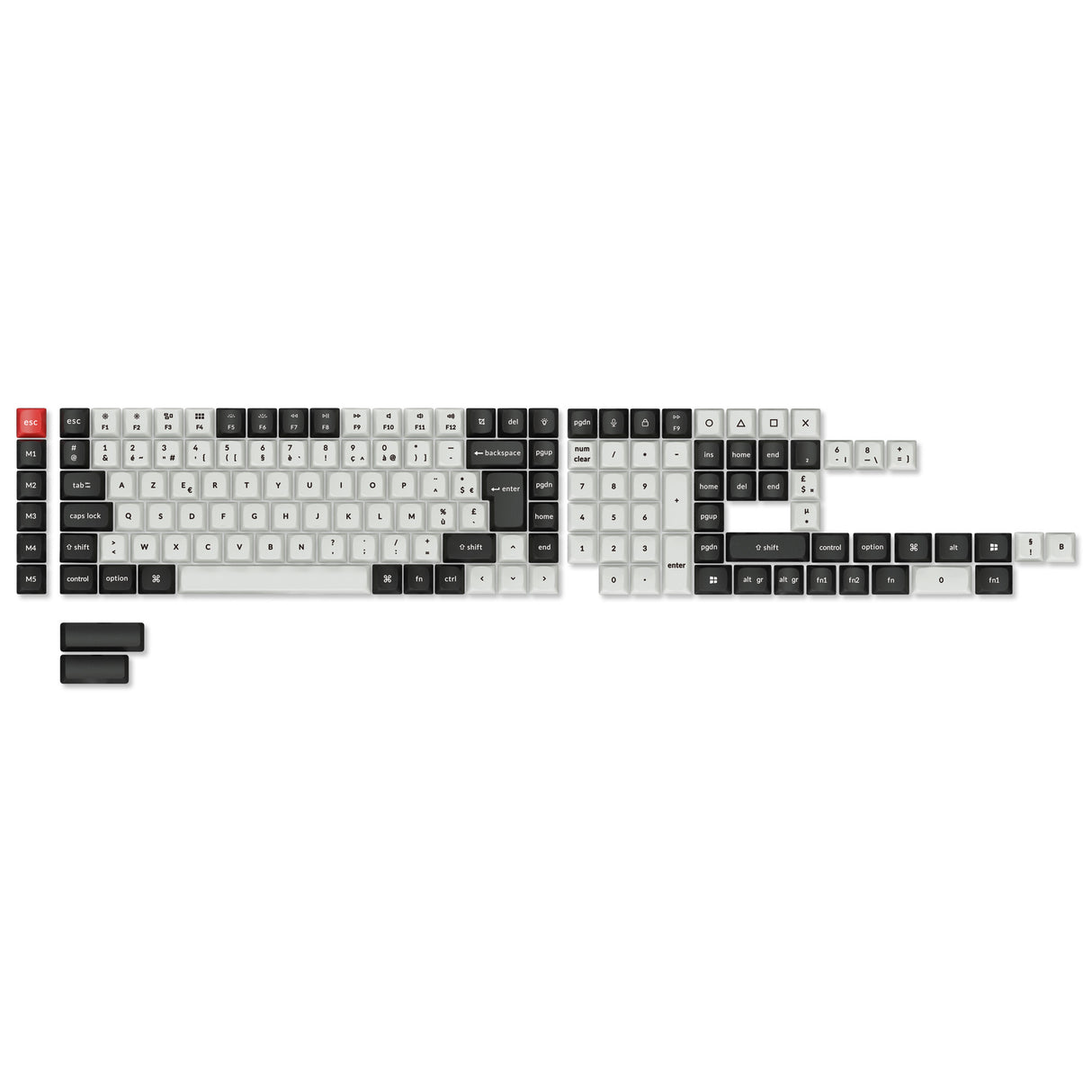 Ensemble complet de touches PBT sublimées par transfert thermique profil Cherry disposition ISO - Noir et blanc