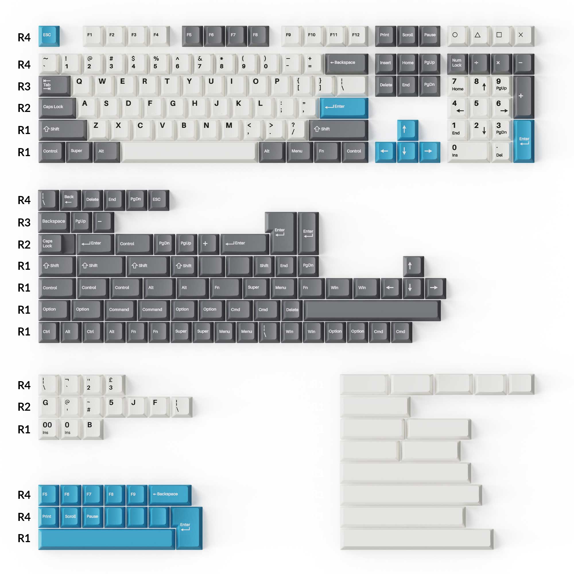 Keychron double-shot PBT Cherry full set keycap set grey white and blue overview